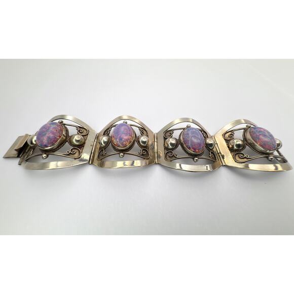 Vintage 1950s Taxco Eagle 3 Sterling Silver Fire Opal Glass Panel Bracelet - Picture 1 of 7